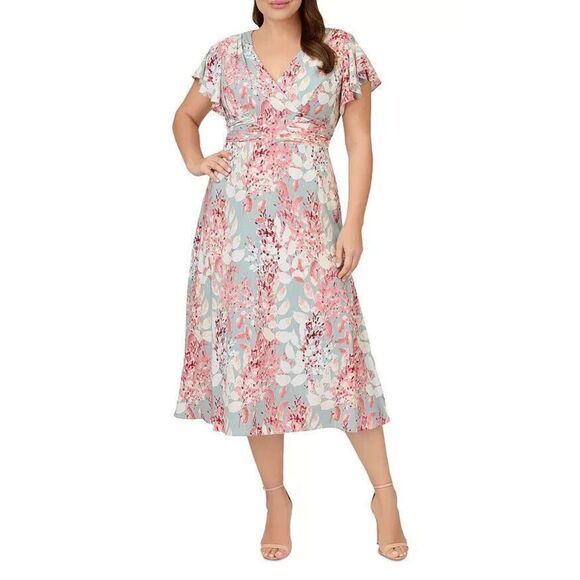 Adrianna Papell Sz 16 Aqua Multi Floral Printed Surplice Fit & Flare Dress - Picture 12 of 14